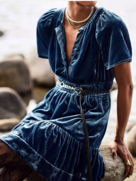 Anthropologie Dresses & Skirts - Anthropologie Somerset Mini Dress Tiered Blue Velvet V-Neck Fairy Grunge Small